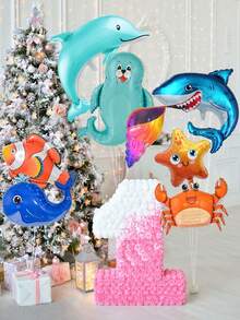 Set de 8 globos de animales marinos, decoraciones de fiesta de animales del mar, globos de aluminio de leones marinos, tiburones, peces y cangrejos grandes para fiestas de cumpleaños con temática marina, decoraciones para baby shower - Multicolor - Ver 4