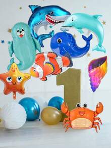 Set de 8 globos de animales marinos, decoraciones de fiesta de animales del mar, globos de aluminio de leones marinos, tiburones, peces y cangrejos grandes para fiestas de cumpleaños con temática marina, decoraciones para baby shower - Multicolor - Ver 5