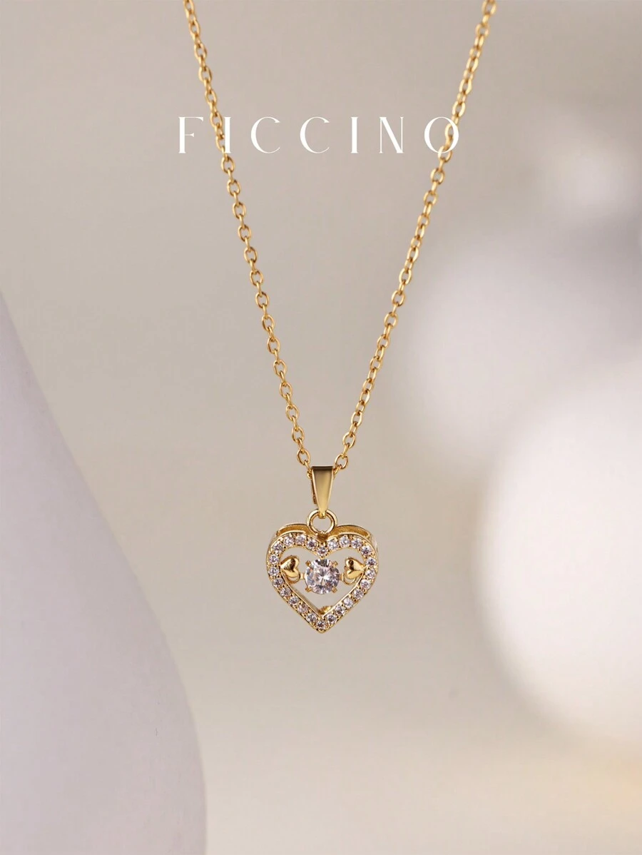 Dây chuyền mặt dây hình trái tim rỗng mạ vàng đính đá Cubic Zirconia FICCINO, dây chuyền chữ O mạ vàng bằng thép titan, trang sức thép không gỉ, dây chuyền đeo hàng ngày dễ thương, quà tặng bạn bè/bạn gái, quà kỷ niệm/quà lễ, kèm hộp. - 1523n - Xem 1