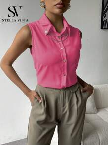 SV Elegant Ladies Shirt With Double Collar Design, Decorated With Metal Chain On The Collar. - Rosa - Ver 3