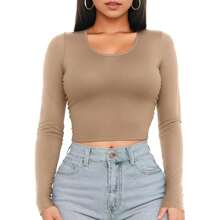 Solid Color Women's Long Sleeve Cropped Top, Low Crewneck, Sexy Slim Fit, Casual Basic Layer, Lightweight And Soft, Sweatshirt For Outdoor Wear - 棕色 - 查看 2
