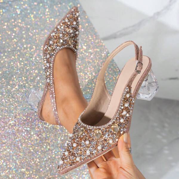 Women's Pointed Toe Crystal Heel Champagne Color Mary Jane Hollow Out High Heels Valentines