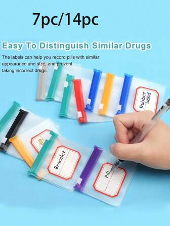 7/14개 알약 주머니 가방, 재사용 가능 지퍼 달린 알약 주머니 세트, 7색상 자체 밀봉 약 정리함, 반투명 약 가방, 여행용 알약 가방에 슬라이드 락이 있어 약과 소품을 보관할 수 있는 응급 백, 의료 보조, 캠핑용 의약품 보관함, 알약 케이스, 약통, 약 용기, 플라스틱 용기