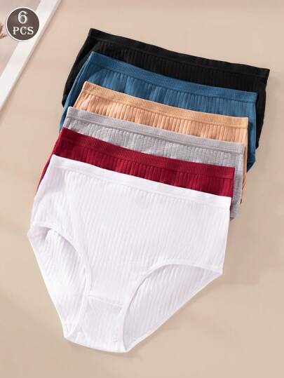 6 Pcs Women's Cotton High Waist Ribbed, Solid Color Underpants,Underwear Collection Multiple Colors Available Soft Comfortable Breathable Suitable For Daily Wear Stretch Panties, Plus Size Women's Underwear,Eid Women's Underwear Collection