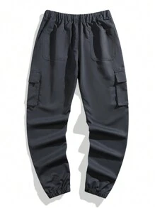 1 pieza Pantalones cargo informales de corte holgado para niños adolescentes con bolsillos, para primavera y otoño - Gris - Ver 2