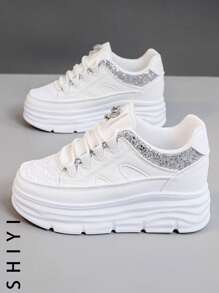 【厚底增高系列】2025春夏新款女士休闲鞋女厚底鞋小白鞋舒适运动鞋增高6cm派对鞋适合矮个子女性运动风格 - 白色 - 查看 3