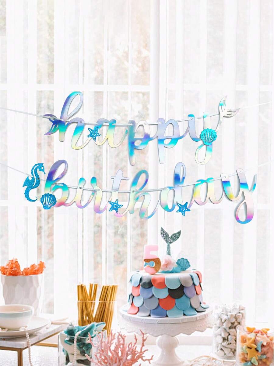 海洋主题美人鱼风格生日快乐横幅，闪光蓝/玫瑰红/银色/激光拉旗，适用于生日派对装饰，个性化派对墙壁背景用品 - 彩色 - 查看 1