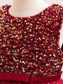 女童无袖圆领亮片蝴蝶结薄纱拖尾蓬蓬裙，优雅大方，适合婚礼和派对穿着，不含头饰 - 酒紅色 - 查看 6