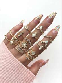 17 件/套波西米亚风格水晶镶嵌中号戒指各种时尚珠宝 - 彩色 - 查看 1