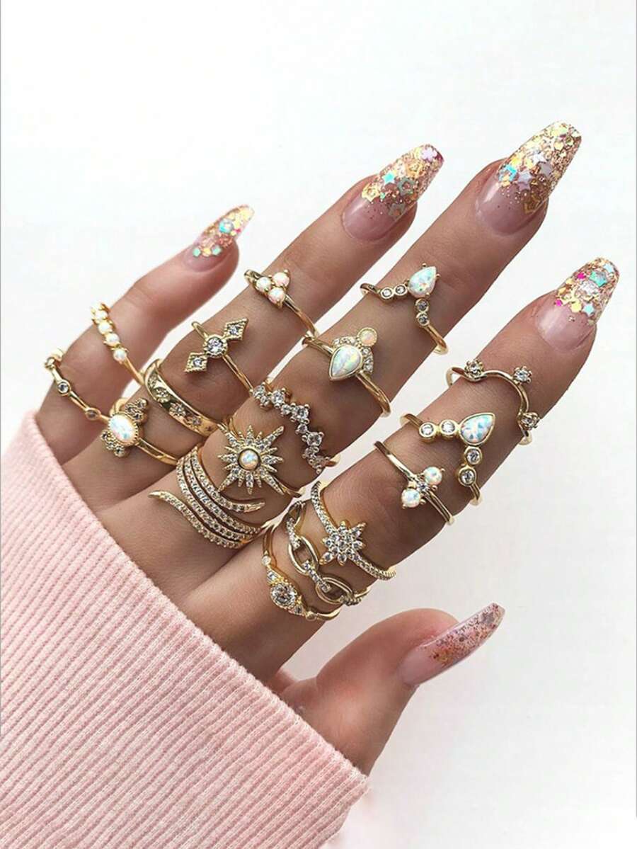 17 件/套波西米亚风格水晶镶嵌中号戒指各种时尚珠宝 - 彩色 - 查看 1