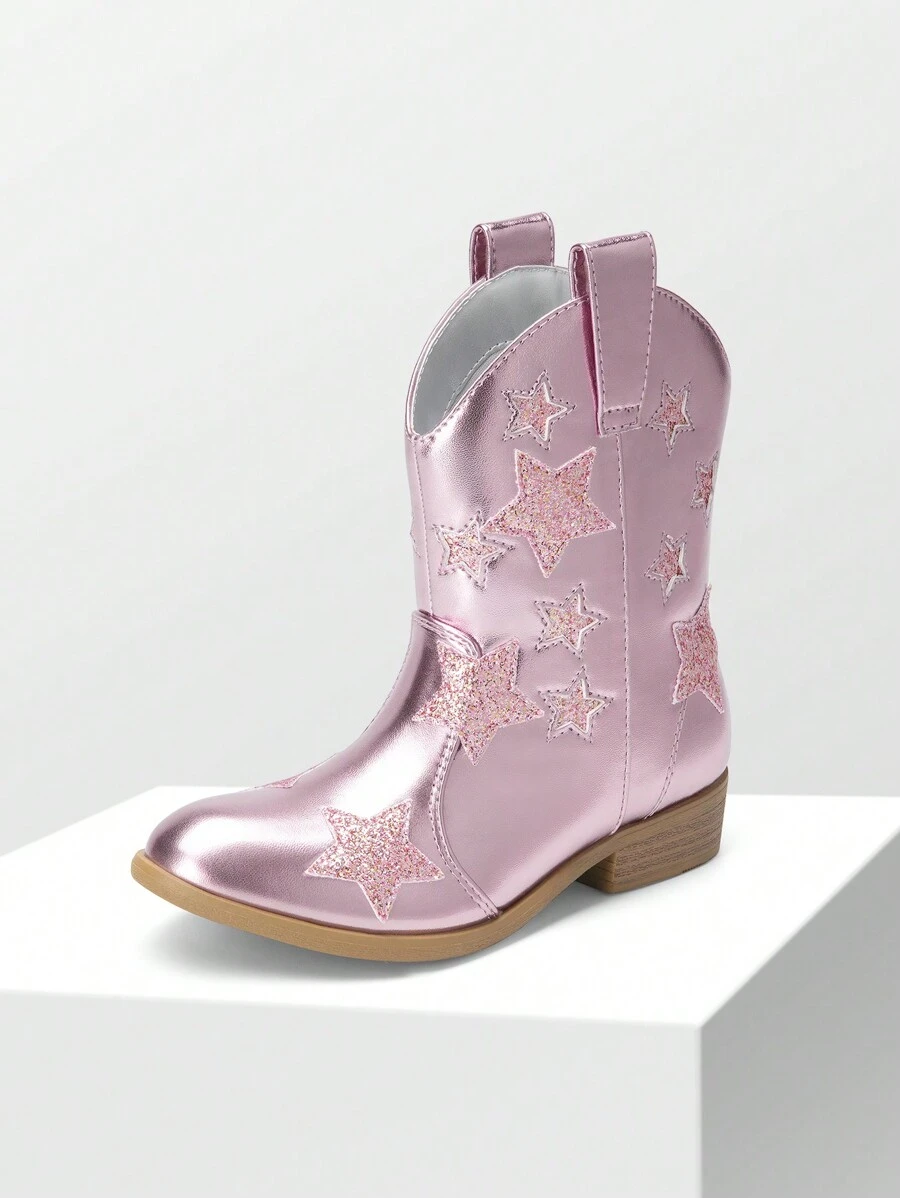 Kids Girls Cowgirl Cowboy Western Mid Calf Boots With Pull Loops On Both Sides Star-Shaped-Decoration - 粉色 - 查看 1