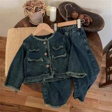 2pcs Young Girl Denim Set: Washed Denim Top & Wide-Leg Denim Pants, Autumn - Grey - View 1