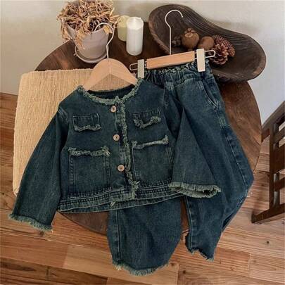 2 件套年轻女孩牛仔套装：水洗牛仔上衣和阔腿牛仔裤，秋季