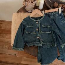 2pcs Young Girl Denim Set: Washed Denim Top & Wide-Leg Denim Pants, Autumn - Grey - View 4