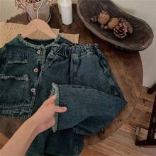 2pcs Young Girl Denim Set: Washed Denim Top & Wide-Leg Denim Pants, Autumn - Grey - View 8