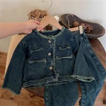 2pcs Young Girl Denim Set: Washed Denim Top & Wide-Leg Denim Pants, Autumn - Grey - View 6