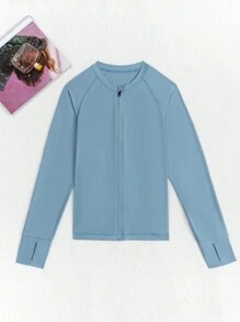SUPSHUSY 女士纯色拇指孔长袖拉链夹克 - 吸湿排汗、透气、修身运动上衣，弹性十足，适合健身、瑜伽、锻炼、圆领、修身开衫