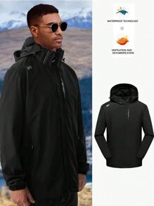 纯色长袖连帽夹克，防风防水户外外套，适合徒步旅行、骑自行车、户外活动、男士户外服装、秋季上衣、男士连帽衫、秋季服装、夹克、男士服装 - 黑色 - 查看 4