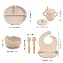 Bộ đồ ăn bằng silicon 6 món cho bé: Bộ đồ ăn cho trẻ mới biết đi có đĩa hút, bát, yếm, nĩa và thìa, cốc có ống hút, an toàn cho trẻ từ 0-3 tuổi - Lý tưởng - Nhiều màu - Xem 3