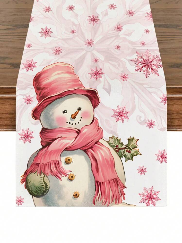 1pc Winter Christmas Linen Table Runner, Pink Snowman Santa Claus Christmas Tree Design Table Runner, Multi-Style Options Applicable For Home, Restaurant, Dining Table Decor - Multicolor - View 2