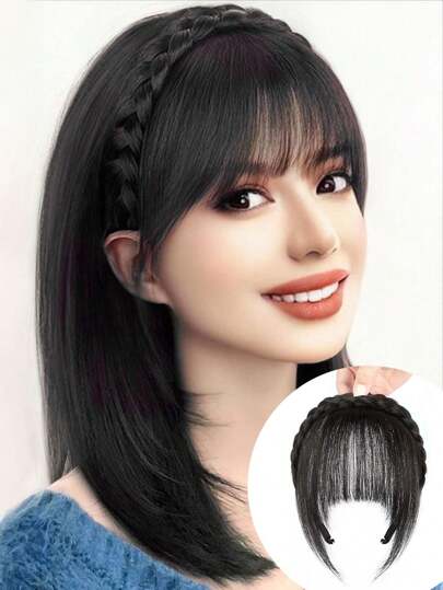 1 pieza Diadema trenzada, accesorio para el cabello con flequillo sintético adecuado para mujeres, apto para todas las estaciones, uso diario casual, diseño de peinado, peluca con flequillo
