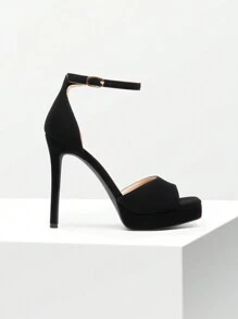Women Rhinestone High Platform Heeled Sandals, Ankle Strap Open Toe High Stilettos Party Dress Sandals, For Wedding, Party, Prom - BLACK/NUBUCK - View 5