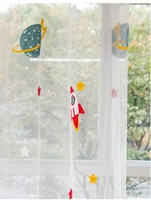 1pc Blue Cartoon Rocket Spaceship Blackout Curtains For Kids Boys Room Nursery Planet Satellite Embroidered Bay Window Tulle Drapes