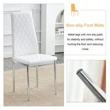 Table And Chair Set.Rectangular Dining Table With Tempered Glass Tabletop And Silver Plating Metal Legs.Paired With 6 Checkered Armless High Back White Chairs With Electroplated Metal Legs. - 白色+玻璃+金屬+6座如圖 - 查看 10