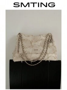 SMTING Túi Tote Dung tích lớn, Phong cách giản dị của Pháp, Thiết kế độc đáo, Túi đeo vai cỡ lớn, Đi làm hàng ngày, Túi có nắp cổ điển, Dây đeo xích thời trang - trắng - Xem 5