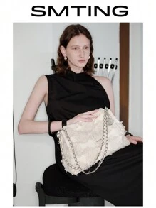 SMTING Túi Tote Dung tích lớn, Phong cách giản dị của Pháp, Thiết kế độc đáo, Túi đeo vai cỡ lớn, Đi làm hàng ngày, Túi có nắp cổ điển, Dây đeo xích thời trang - trắng - Xem 2