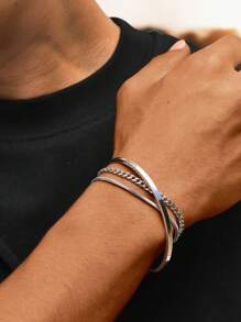 3pcs/Set Stainless Steel Silver C-Shape Adjustable Bangle Bracelet With Chain Suit, Simple & Fashionable Accessory For Men, Suitable For Father's Day, Valentine's Day, Dates, Boyfriend Birthday Gift Valentines