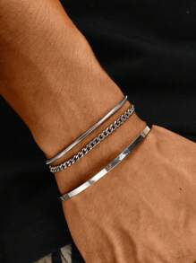 3pcs/Set Stainless Steel Silver C-Shape Adjustable Bangle Bracelet With Chain Suit, Simple & Fashionable Accessory For Men, Suitable For Father's Day, Valentine's Day, Dates, Boyfriend Birthday Gift Valentines