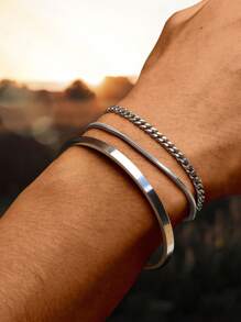 3pcs/Set Stainless Steel Silver C-Shape Adjustable Bangle Bracelet With Chain Suit, Simple & Fashionable Accessory For Men, Suitable For Father's Day, Valentine's Day, Dates, Boyfriend Birthday Gift Valentines
