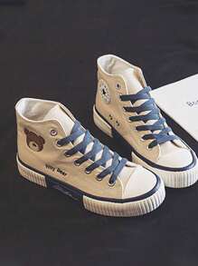 lona de altasuperior con dibujo de oso para mujer,Zapatillas de casuales deporte para mujer,estilo de moda y clásico, suela antideslizante y resistente al desgaste, cómodo y suave, diseño con cordones, fácil de llevar, adecuado para Halloween, Navidad, fiestas tenis de cumpleaños, reuniones, jogger,trabajo y uso diario - Beis - Ver 6