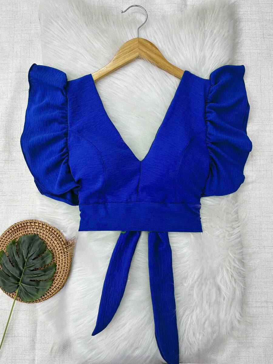 Cropped Blouse With Padding And Tied At The Back, Women's Fashion - azul real - Ver 1