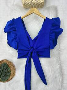 Cropped Blouse With Padding And Tied At The Back, Women's Fashion - azul real - Ver 2