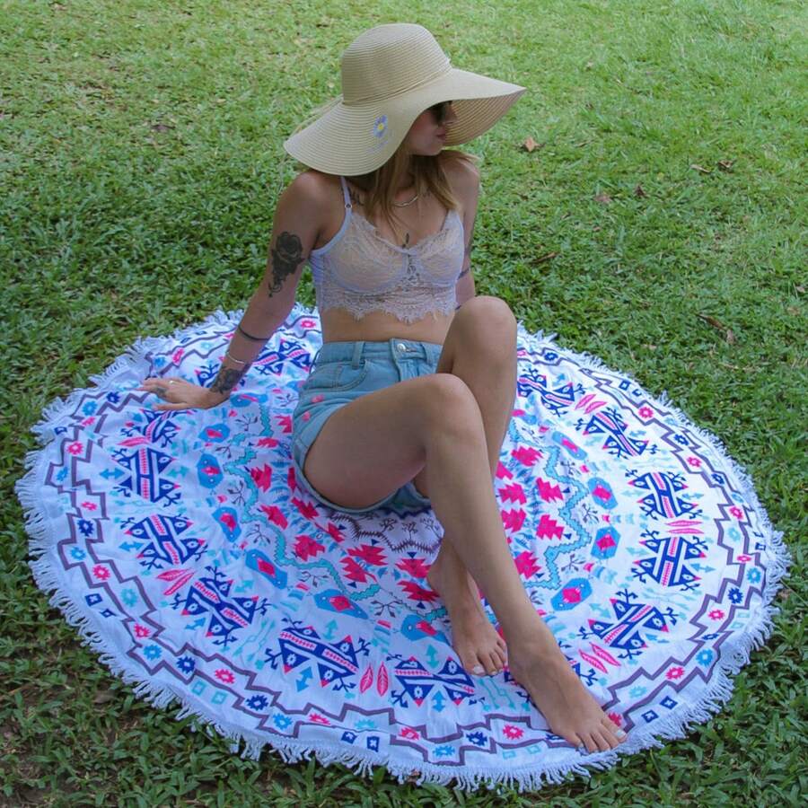 Canga Redonda Grande Toalha de Praia Atoalhada com Franja Macia