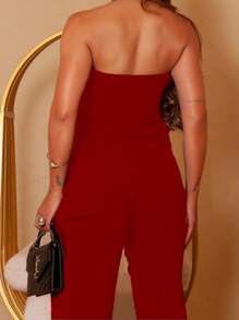 Set Of Strapless Tailored Blouse And High-Waisted Tailored Palazzo Pants - 紅色 - 查看 2