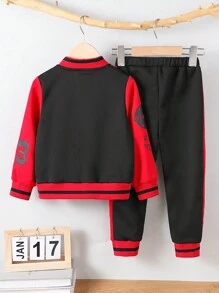 2pcs Boys' Casual Letter Embroidered Baseball Jacket & Pants Set - Black - View 2