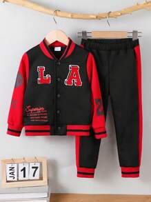 2pcs Boys' Casual Letter Embroidered Baseball Jacket & Pants Set - Black - View 1