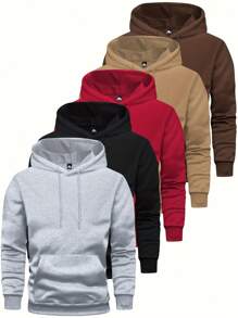 5pcs/Set Men's Lightweight Regular Fit Long Sleeve Hooded Sweatshirts With Pockets, Solid Color Basic Casual Sporty Outerwear, Suitable As Gifts For Husband/Boyfriend, Autumn For Golf, Fishing, Basketball, Camping, Gym, Sports, Running, Outdoor Activities, Holidays - Multicolor - View 1