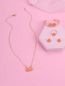 5 Stücke/Set Mädchen Blumen Halskette, Ohrringe, Armband, Ring Schmuckset - Blumen - Übersicht 7