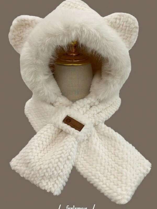 1pc conjunto de chapéu e cachecol de inverno, pelúcia quente à prova de vento protetor de orelha gorro de malha, design bonito orelhas de animais