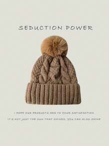 Thick Warm Woolen Cable Knit Beanie Hat For Women, Autumn/Winter, With Fuzzy Pom Pom,Fashionable & Unique