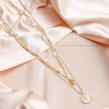 1 件多层珍珠贝壳吊坠项链，波西米亚金色扁平蛇链项链，百搭海滩风格，适合女性