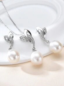 1 bộ Bông tai & Mặt dây chuyền ngọc trai nước ngọt tự nhiên bằng bạc Sterling S925, Thiết kế sang trọng đính đá Zirconia thời trang - Màu be - Xem 3
