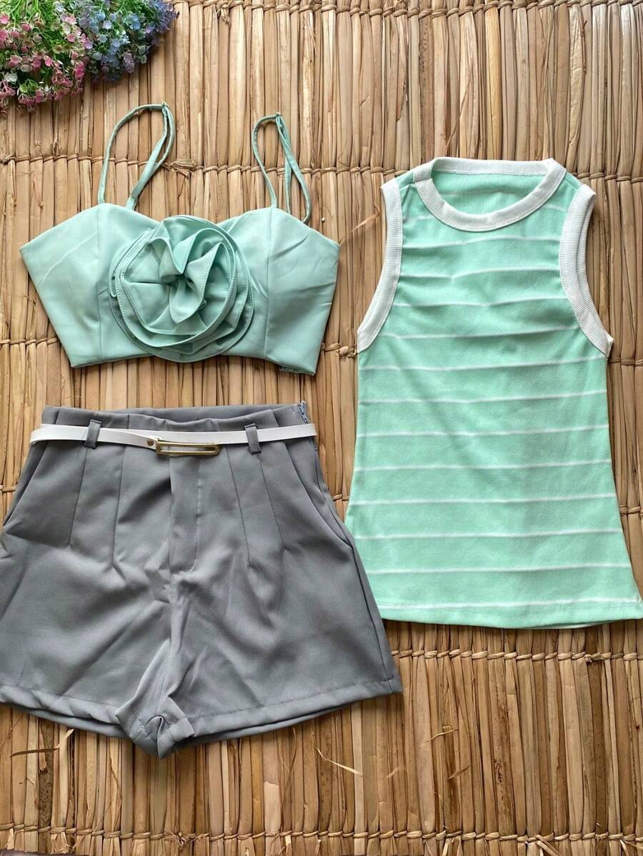 Tailored Short Kit With Cropped Top, Cotton Tank Top And Belt - 綠色 - 查看 1