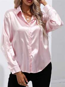 女士休闲翻领纽扣仿丝缎涤纶长袖衬衫