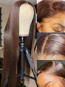 4# Chocolate Dark Brown Brazilian Lace Front Wig Silky Straight Remy Human Hair 13x4 Transparent Lace Frontal Wigs For Women 180% Density Pre Plucked Natural Hairline Tiny Invisible Knots