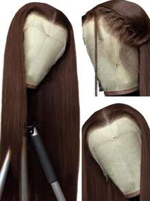 4# Chocolate Dark Brown Brazilian Lace Front Wig Silky Straight Remy Human Hair 13x4 Transparent Lace Frontal Wigs For Women 180% Density Pre Plucked Natural Hairline Tiny Invisible Knots